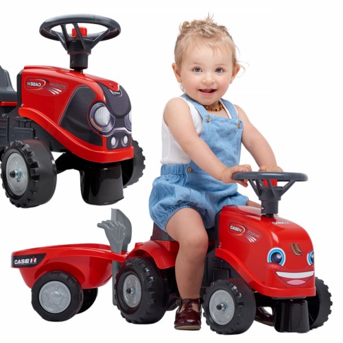 FALK Baby Case IH važiuojamasis važiuojamasis traktorius raudonas su priekaba ir priedais. 12 mėnesių
