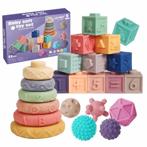 WOOPIE BABY Sensoriniai blokai Squeeze Puzzle Garso mokymasis Skaičiavimas 23 vnt.