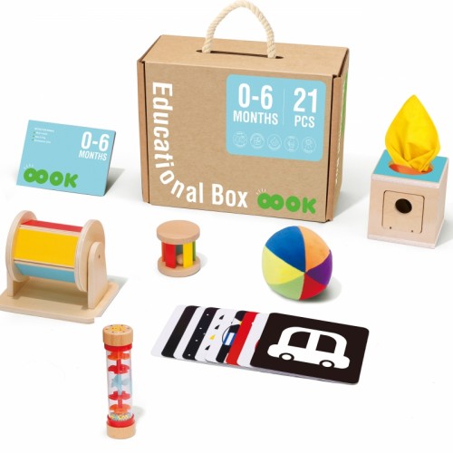 „Tooky Toy“ edukacinės dėžutės kortelės, kontrastingos barškučio būgno kamuoliukas 6in1 nuo gimimo iki 6 mėnesių